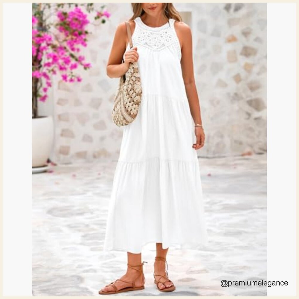 Halter Hollow Out Maxi Dress Sleeveless Boho Sundress Casual Beach Vacation - Picture 2 of 7